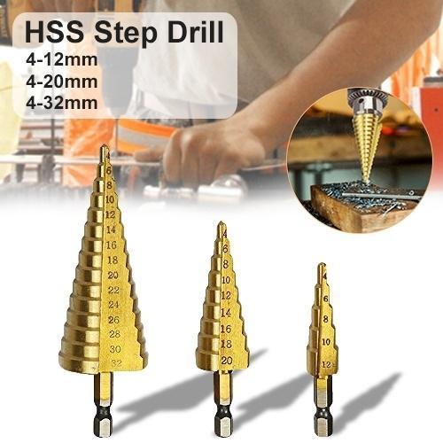 437 -3x Large Hss Steel Step Cone Drill Titanium Bit Set Hole Cutter (4-32 4-20 4-12mm)
